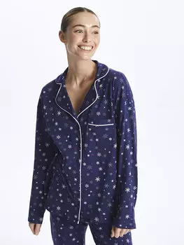 Женский пижамный комплект с длинным рукавом и воротником рубашки на новогоднюю тематику LCW DREAM, светло-темно-синий с принтом