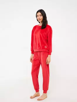 Женский пижамный комплект с длинным рукавом с круглым вырезом и вышивкой LCW DREAM, яркий красный