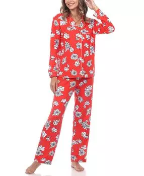 Женский пижамный комплект с длинными рукавами и цветочным принтом, 2 предмета White Mark, красный