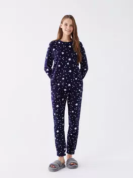 Женский пижамный комплект с длинными рукавами и круглым вырезом в новогоднем стиле LCW DREAM, темно-синий с принтом