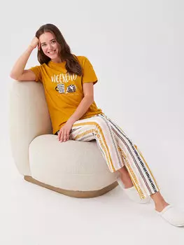 Женский пижамный комплект с короткими рукавами и круглым вырезом с принтом LCW DREAM, экрю с принтом