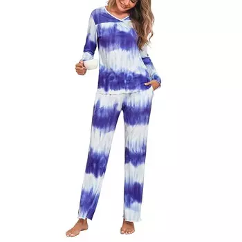 Женский пижамный комплект Tie Dye, комплект из двух предметов, топы и брюки с длинными рукавами, одежда для сна, мягкая одежда для дома, пижамы MISSKY, цвет Tie Dye Blue