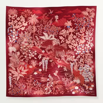 Женский платок Cartier Carr 90, Panthere Faune and Flora, бордовый шелковый твил