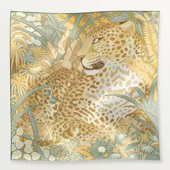 Женский платок Cartier Carr 90, Panthre in the jungle, шелковый твил цвета шалфея и мимозы