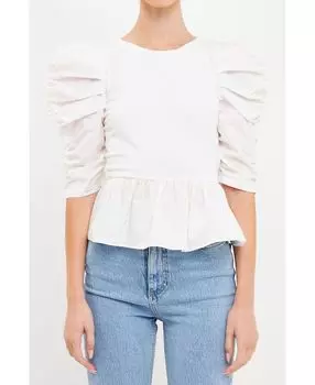 Женский плиссированный топ с объемными рукавами English Factory, белый