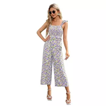 Женский пляжный комбинезон без рукавов с тропическим принтом и поясом без бретелек, брюки-комбинезон Kojooin, фиолетовый