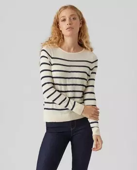 Женский полосатый свитер с длинными рукавами и круглым вырезом Vero Moda, белый