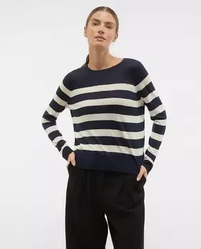 Женский полосатый свитер с длинными рукавами и круглым вырезом Vero Moda, темно-синий