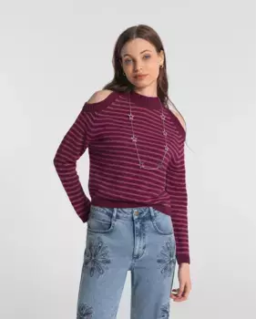 Женский полосатый свитер с открытыми плечами и принтом Noon, цвет Fucsia