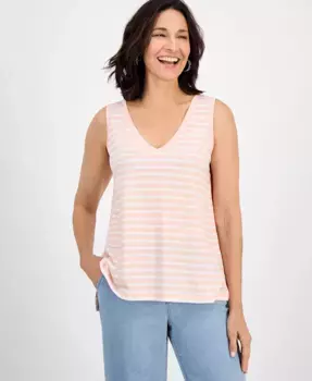 Женский полосатый топ с V-образным вырезом из смесового льна Style & Co, розовый