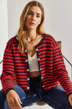 Женский полосатый трикотажный кардиган на пуговицах SHADE, красный черный