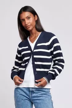 Женский полосатый укороченный кардиган в рубчик белого цвета U.S. Polo Assn, синий