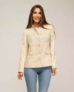 Женский полуприталенный жакет с воротником-стойкой, создающим эффект перевернутых лацканов Fsh, бежевый