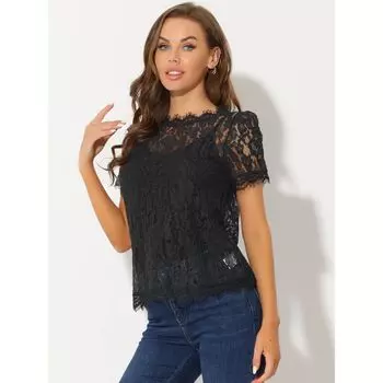 Женский полупрозрачный кружевной топ с фестончатой отделкой и цветочным принтом ALLEGRA K, темно-синий