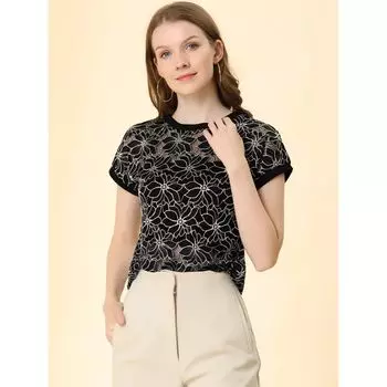 Женский повседневный прозрачный кружевной топ с короткими рукавами и цветочным принтом ALLEGRA K, черный