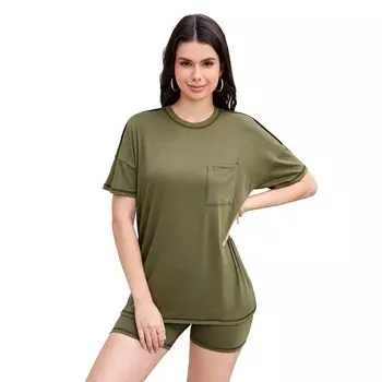 Женский повседневный свободный комплект домашней одежды из двух предметов с карманами, футболка и шорты, пижамный комплект Kojooin, цвет Army Green