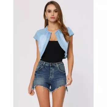 Женский повседневный укороченный джинсовый кардиган, джинсовая куртка с короткими рукавами и зауженным кроем ALLEGRA K, темно-синий