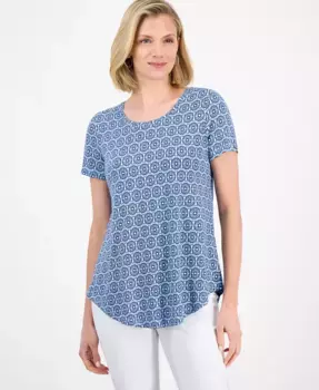 Женский принтованный топ с коротким рукавом и круглым вырезом JM Collection, синий