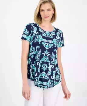 Женский принтованный топ с коротким рукавом и круглым вырезом JM Collection, синий