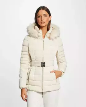 Женский приталенный пуховик с поясом и капюшоном Morgan, цвет Crema