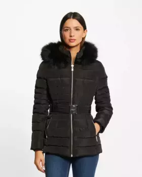 Женский приталенный пуховик с поясом и капюшоном Morgan, черный