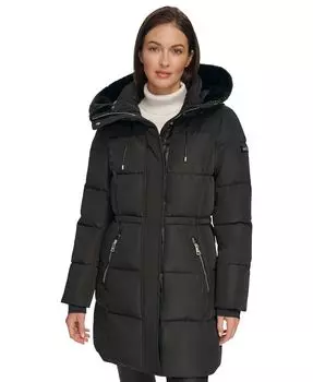 Женский пуховик-анорак с отделкой из искусственного меха и капюшоном DKNY, черный