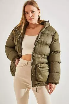 Женский пуховик на молнии с капюшоном и кнопками SHADE, хаки