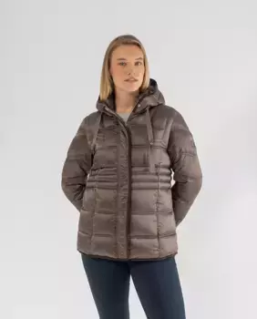 Женский пуховик с капюшоном и контрастной окантовкой October, цвет Topo