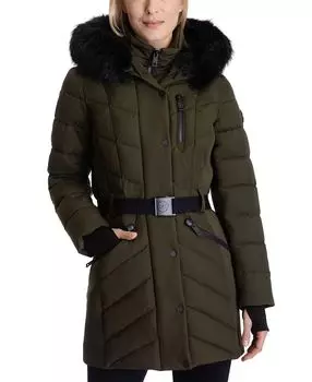 Женский пуховик с капюшоном и отделкой из искусственного меха с поясом Michael Kors