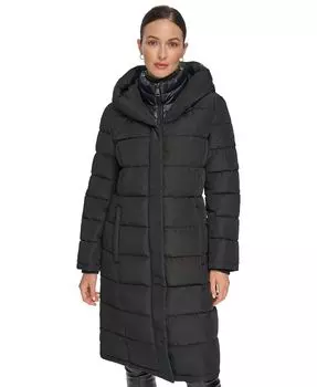 Женский пуховик с капюшоном и полукомбинезоном DKNY, черный