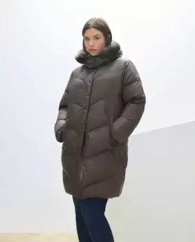 Женский пуховик с капюшоном из натурального меха Couchel, коричневый