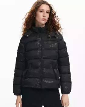 Женский пуховик с капюшоном с принтом Desigual, черный