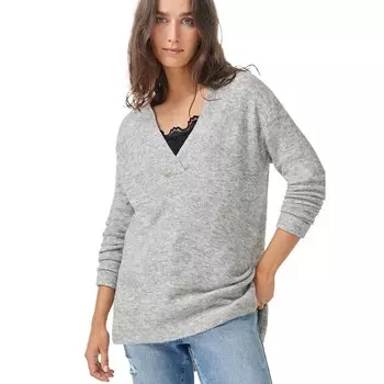 Женский пуловер больших размеров Ellos с v-образным вырезом и высоким воротником, цвет Marled Grey