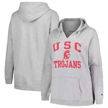 Женский пуловер Champion Heather Grey USC Trojans большого размера с вырезом в форме сердца и души, цвет Usc Grey