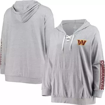 Женский пуловер с капюшоном Fanatics с логотипом Heather Grey Washington Commanders размера плюс на шнуровке с v-образным вырезом Fanatics