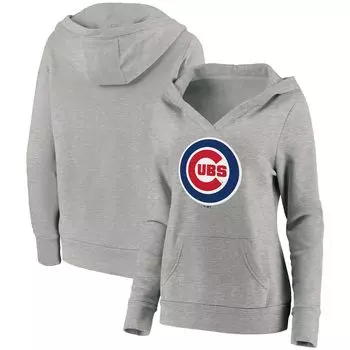 Женский пуловер с капюшоном Fanatics серого цвета с логотипом Chicago Cubs и v-образным вырезом Fanatics