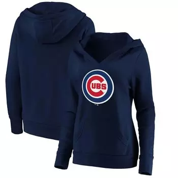 Женский пуловер с капюшоном Fanatics темно-синего цвета с официальным логотипом Chicago Cubs и v-образным вырезом Fanatics