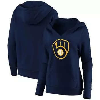 Женский пуловер с капюшоном Fanatics темно-синего цвета с официальным логотипом Milwaukee Brewers и v-образным вырезом Fanatics