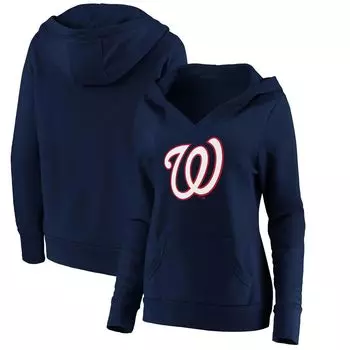 Женский пуловер с капюшоном Fanatics темно-синего цвета с официальным логотипом Washington Nationals и V-образным вырезом Fanatics