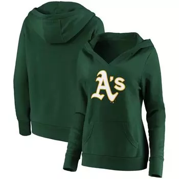 Женский пуловер с капюшоном Fanatics зеленого цвета с официальным логотипом Oakland Athletics и V-образным вырезом Fanatics