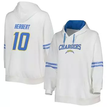 Женский пуловер с капюшоном Justin Herbert белого/пудрово-синего цвета Los Angeles Chargers размера плюс с именем и номером
