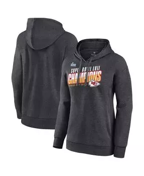 Женский пуловер с капюшоном с фирменным логотипом Heather Charcoal Kansas City Chiefs Super Bowl LVII Champions Victory Formation Fanatics