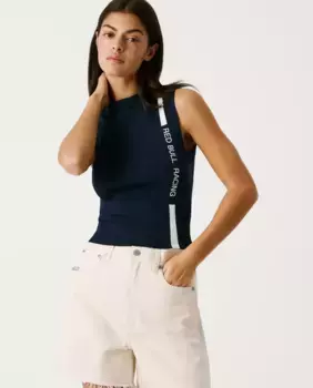 Женский ребристый свитер без рукавов с логотипом Pepe Jeans, тёмно-синий