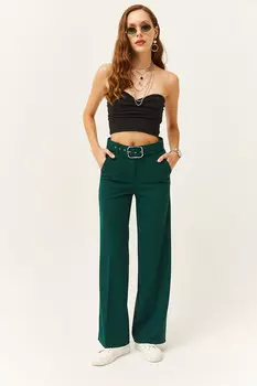 Женский ремень из изумрудно-зеленого цвета с металлической пряжкой, брюки-палаццо из крепа Scuba Olalook, зеленый