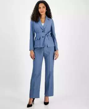 Женский сафари-пиджак с поясом на двух пуговицах и прямые брюки средней посадки Le Suit, синий