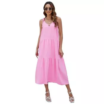 Женский сарафан без рукавов на тонких бретельках с V-образным вырезом и регулируемым ремешком, прикрывающие платья с замочной скважиной Kojooin, розовый