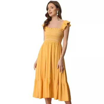Женский сарафан с копченым повседневным платьем миди без рукавов с квадратным вырезом и рюшами ALLEGRA K, желтый