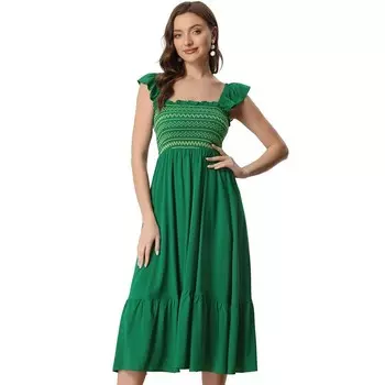 Женский сарафан с копченым повседневным платьем миди без рукавов с квадратным вырезом и рюшами ALLEGRA K, зеленый