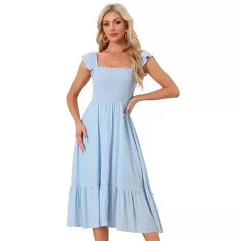 Женский сарафан с копченым повседневным платьем миди без рукавов с квадратным вырезом и рюшами ALLEGRA K, цвет Light Blue