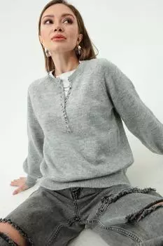 Женский серый вязаный свитер с воротником и пуговицами в полоску с воротником-стойкой Lafaba